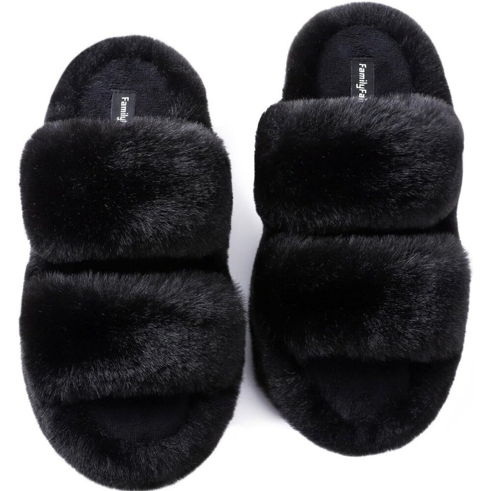 Women's Black Fluffy Fleece Faux Fur Open Two Band Lining Rubber Sole Slippers